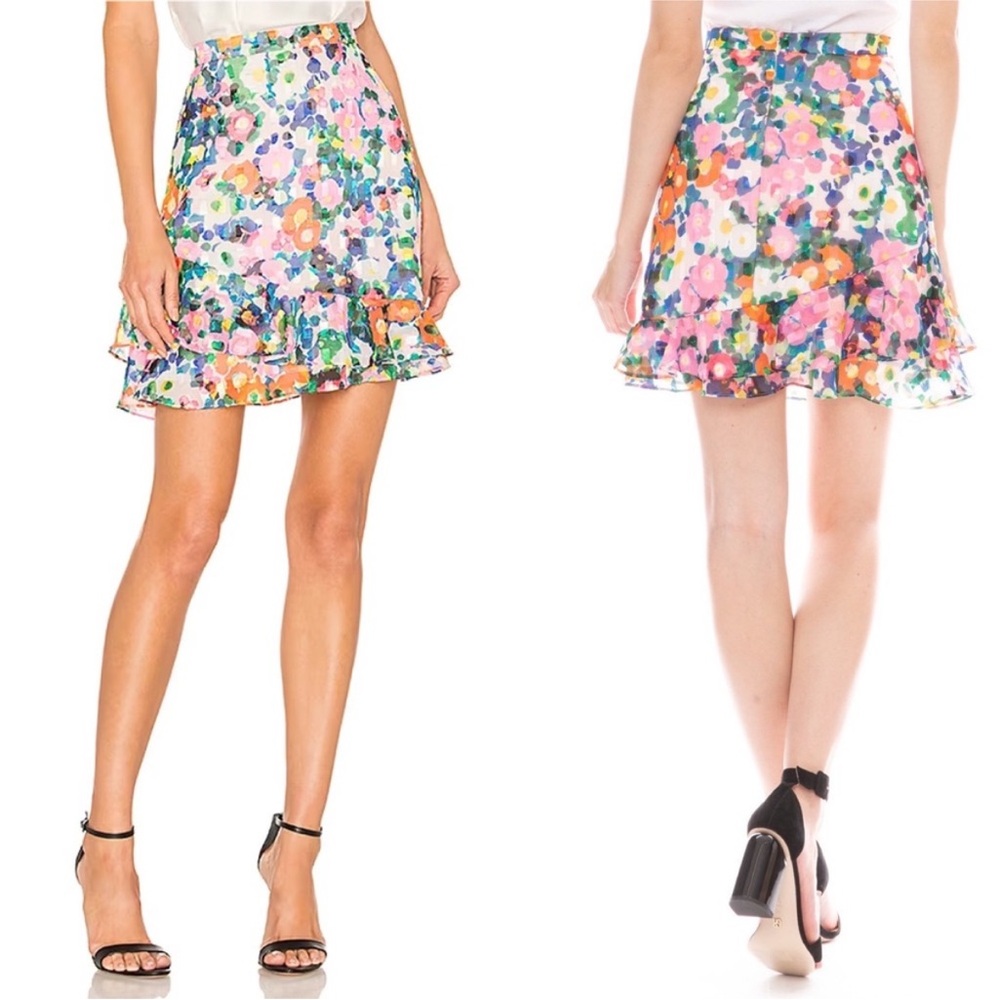 SALONI Cece Floral Print Mini Revolve Ruffle Skirt in Pink Rosette Size 10
